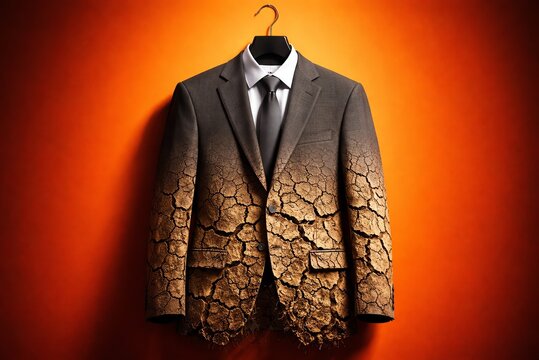 Business suit hanging against vivid orange background with fabric texture morphing into cracked desert earth, symbolizing burnout, stress and pressure.