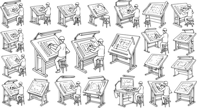 Collection of Line Art Vector Illustrations Depicting Architects and Engineers Working on Drafting Tables and a Computer Desk, Drawing and Designing Technical Plans