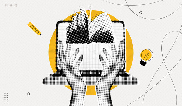 Trendy Halftone Collage Online Education concept. Computer laptop with raised hands and book. News course or webinar. Student online school. Internet study. Contemporary vector illustration art