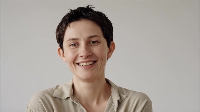 Gentle Smile and Light Humor Expression by a Woman with Short Hair Against a Minimalist Background