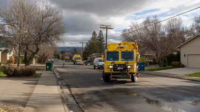 Close medium view of a pilot programs robotic trash vehicle using GPS guidance to efficiently collect waste bins on a suburban road.