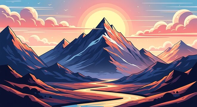 Vibrant stylized mountain landscape with winding river under a sunset or sunrise sky