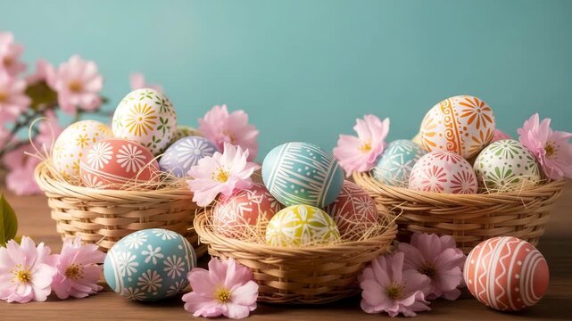Decorated easter eggs in baskets with pink cherry blossom flowers. Spring holiday decoration for traditional celebration.