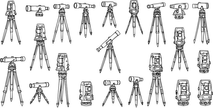 Surveying Instruments Seamless Pattern: Theodolite, Total Station, Telescope, Leveling Tool, Triangulation, Measurement Equipment Line Art