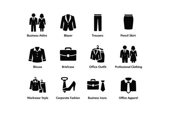 Business attire icons: blazer, trousers, skirt, blouse, briefcase, office outfit