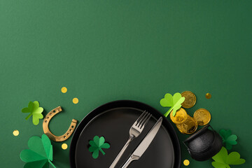 Green St Patrick's Day flatlay featuring shamrocks, gold coins spilling from a pot, a brass...
