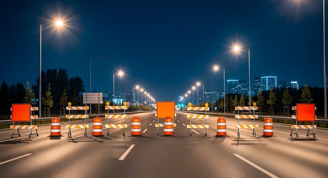 Nighttime road closure with orange traffic barrels and barricades on an empty urban highway