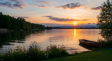 Wooden rowboat by a peaceful lake shore at golden sunset with a distant forest