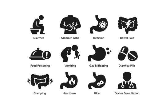 Stomach and digestive system symptoms and treatments icons