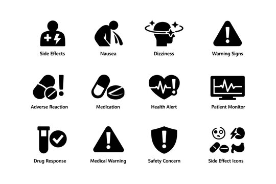 Medical alert icons: side effects, nausea, dizziness, warning signs, health monitoring
