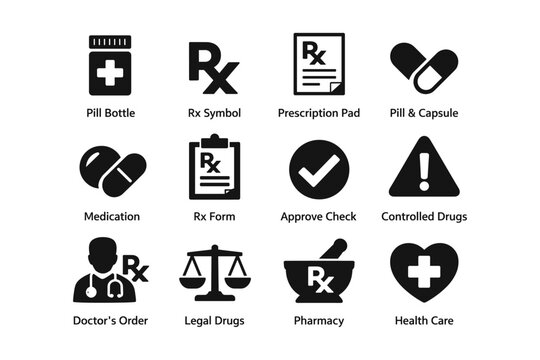 Pharmacy icons: rx symbol, pills, prescription pad, health care