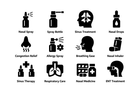 Nasal relief icons: spray, drops, sinus treatment, congestion, allergy, inhaler, respiratory care