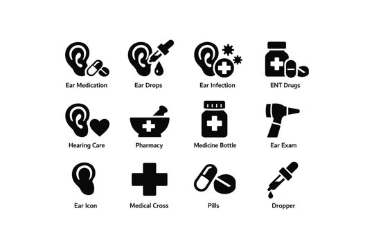 Ear care icons set: medication, drops, infection treatment, ent drugs, hearing care