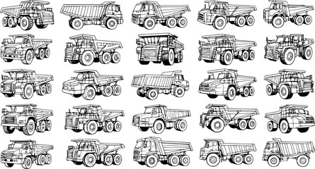 Detailed Line Art Vector Illustrations of Various Dump Trucks. Collection of Heavy Construction and Mining Vehicles in Monochrome Blueprint Style. © pixsource