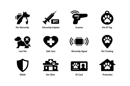 Pet identification icons: microchip, scanner, id tag, vet clinic, safe care
