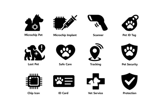 Pet identification and security icons: microchip, scanner, lost pet care, tracking, vet service
