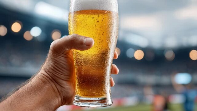 Close-up of a person holding a refreshing glass of cold beer during a match at a large stadium.