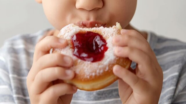 A little boy takes a large bite out of a delicious jelly donut covered in powdered sugar.