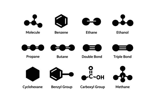 Chemical structures: molecules and bonds including benzene and methane