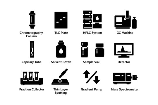 Laboratory equipment icons: chromatography, hplc, gc machine, capillary tube, mass spectrometer