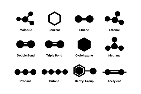 Molecule diagrams: benzene, ethane, ethanol, methane, propane, butane, cyclohexane, acetylene