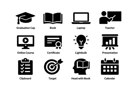 Education icons set featuring graduation cap, laptop, book, teacher, certificate, and lightbulb