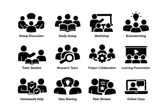 Icon set: group discussion, study, workshop, brainstorming, tutoring, research, collaboration, learning
