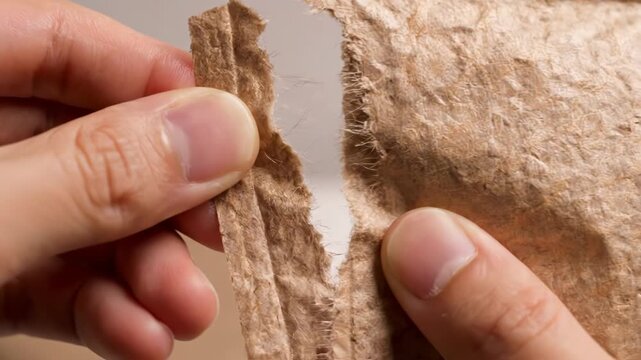 Close-up of hands tearing a piece of brown recycled paper, showcasing its texture and durability.