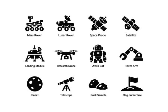 Space exploration icons: rover, probe, satellite, drone, telescope, rock sample