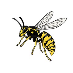 Obraz premium Yellow and black striped wasp insect with translucent wings on white background