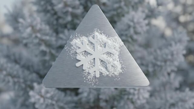 Triangular Road Sign with Snowflake Symbol Covered in Snow in Winter 3D Render