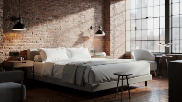Medium shot of loftstyle hotel room with exposed brick wall and industrial lighting large windows softly blurred in the background capturing daytime ambiance.
