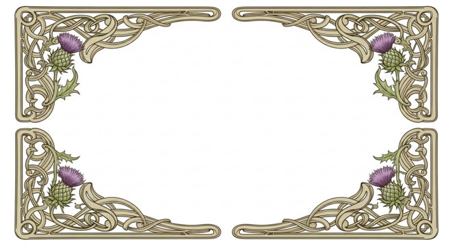 A decorative Celtic knot border with thistle flowers and leaves on a white background