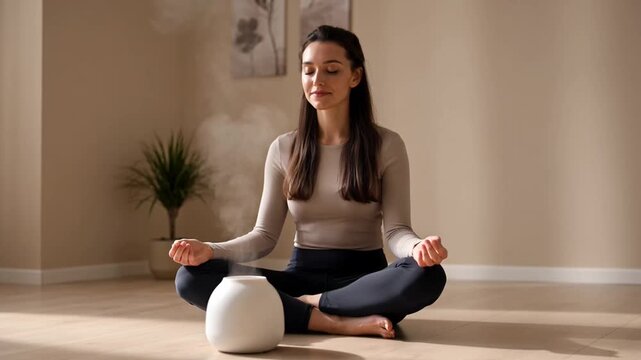 Serene woman meditating with essential oil diffuser emitting calming mist in a peaceful, sunlit room