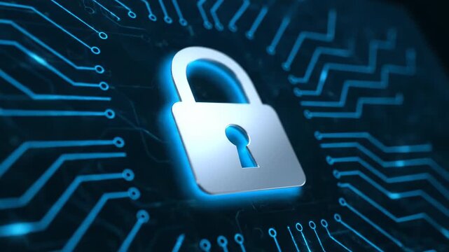 Digital Security Padlock on Circuit Board Background Representing Cyber Protection.