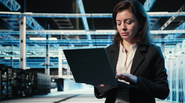 Creating digital twin scan, laptop and admin in data center optimizing server load balancing. Adjusting system parameters, augmented reality visualization and IT specialist in server farm, camera A