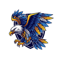 Fototapeta premium Fierce blue and gold eagle mascot with spread wings and sharp talons