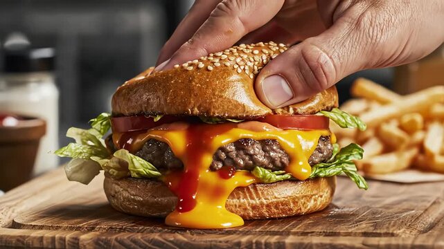 Close up of a delicious burger with melted cheese and fresh ingredients on a wooden board