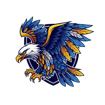 Fierce blue and gold eagle mascot with spread wings and sharp talons