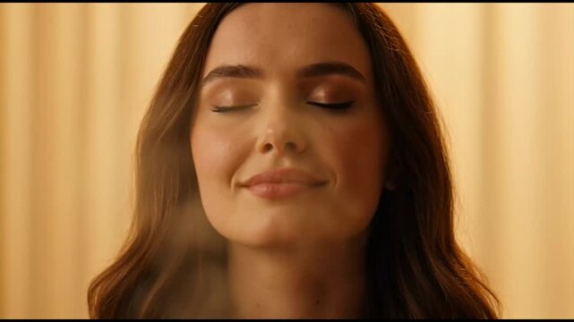 Woman meditating with essential oil diffuser emitting a soothing mist in a cozy, dimly lit room