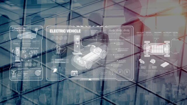 Technical layout of electric vehicle showing battery system, power control, traction motor, charging interface, and integration with renewable and smart energy sources Marrow