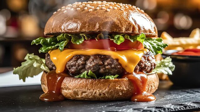 Close up of a delicious gourmet burger with fresh ingredients and sauce
