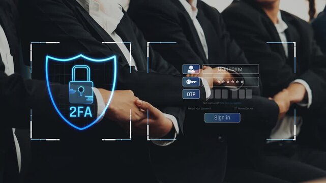 This image illustrates the concept of digital security with a two-factor authentication system, showcasing professionals in suits engaged in online transaction safety. Raster