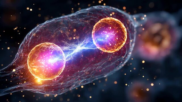 Medical science microbiology background, Human body cellular replication concept, Mitosis process glowing nucleus splitting, Organic cell dividing into two, Wet environment floating particles biology
