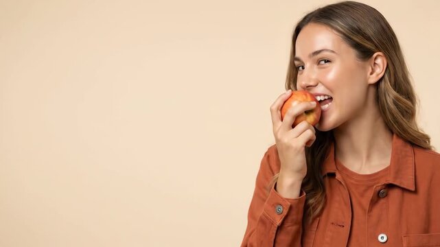 Young woman eating red apple and smiling on beige background