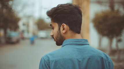 Man with a beard and blue shirt is standing on a street
