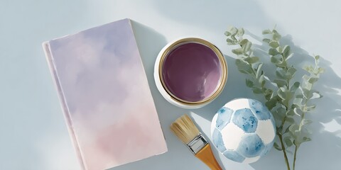 Book, a paint brush, a bowl of paint, and a soccer ball are on a table