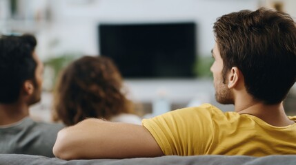 Man in a yellow shirt is sitting on a couch watching television