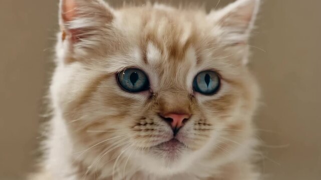 Fluffy cream cat with blue eyes looking curiously at the camera  