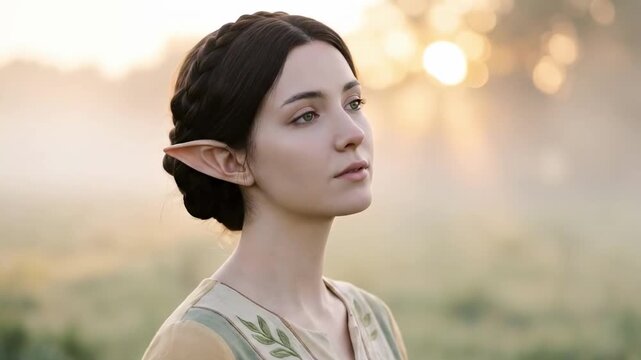 A serene figure with pointed ears stands amidst a misty field at dawn, eyes closed in contemplation, surrounded by soft golden light filtering through trees